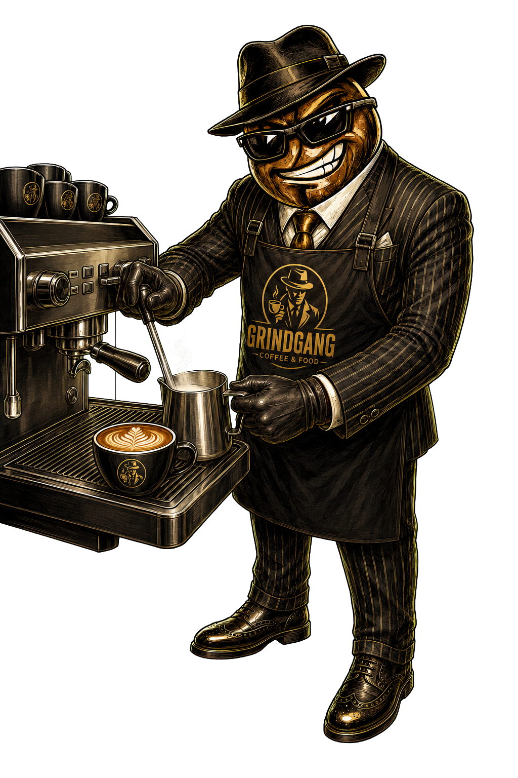 GrindGang mascot making coffee